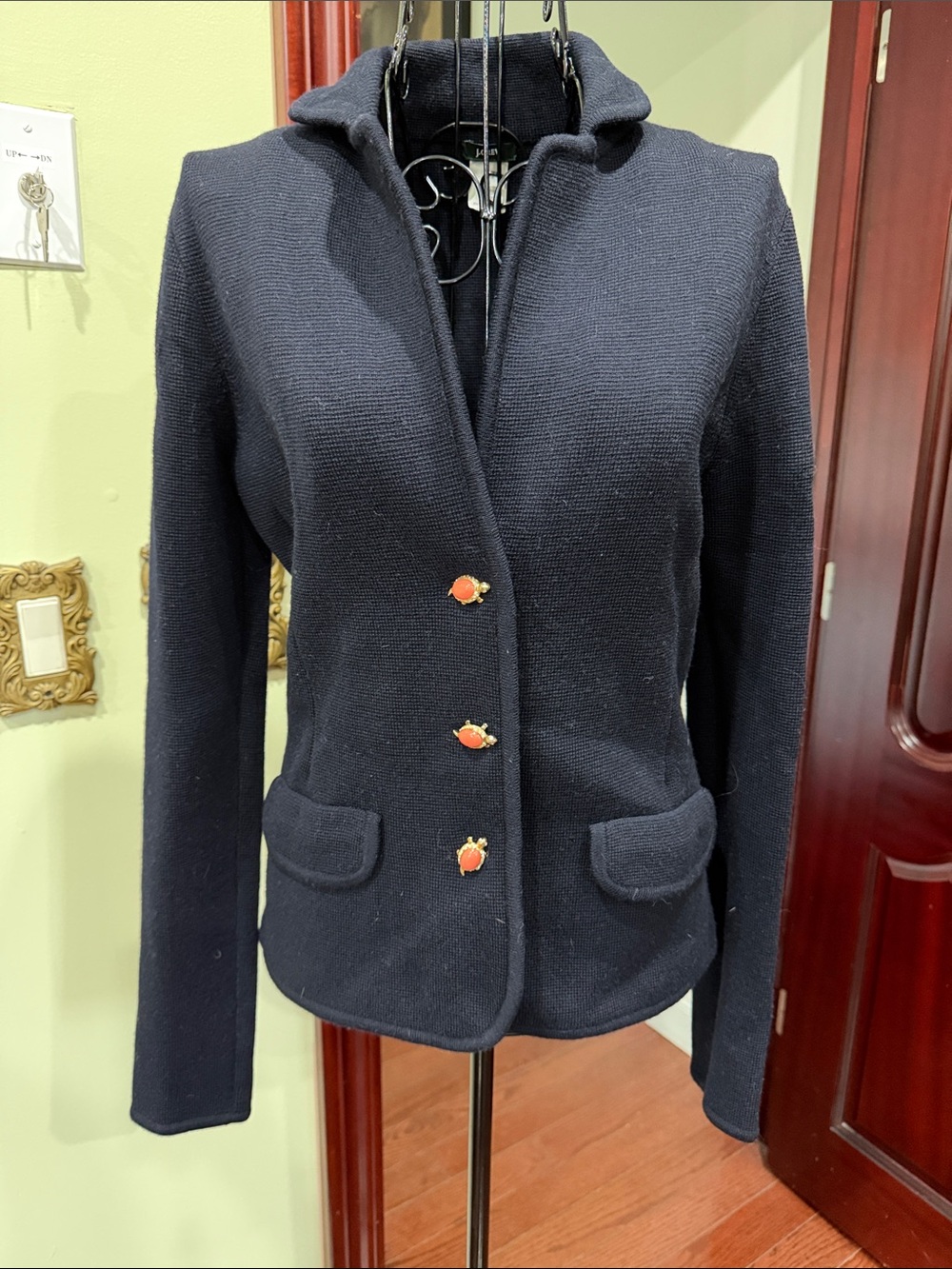 J. Crew Navy Knit Blazer with Decorative Red Buttons
